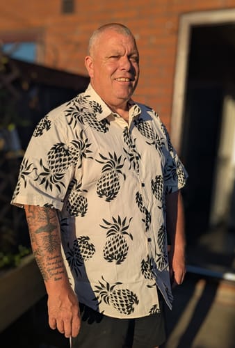 Customer photo review of Men's Cotton Pineapple Print Summer Hawaiian Button Up Short Sleeve Shirt