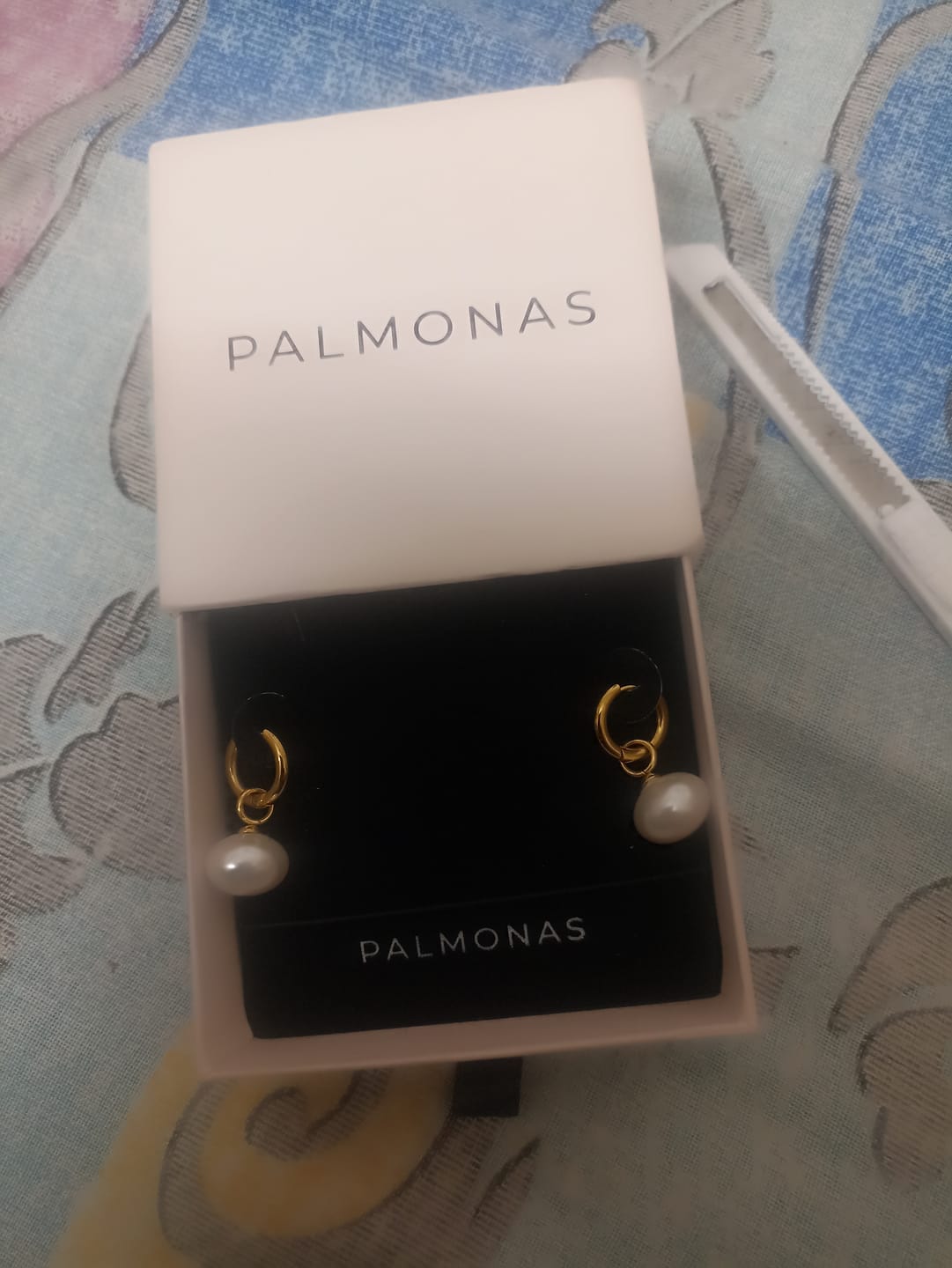 Customer photo review of Drop Pearl Hoop Earrings