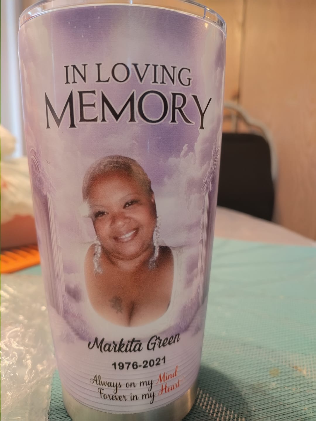 Customer photo review of In Loving Memory Upload Photo Heaven Gate Sky, A Big Piece Of My Heart Lives In Heaven Personalized Tumbler