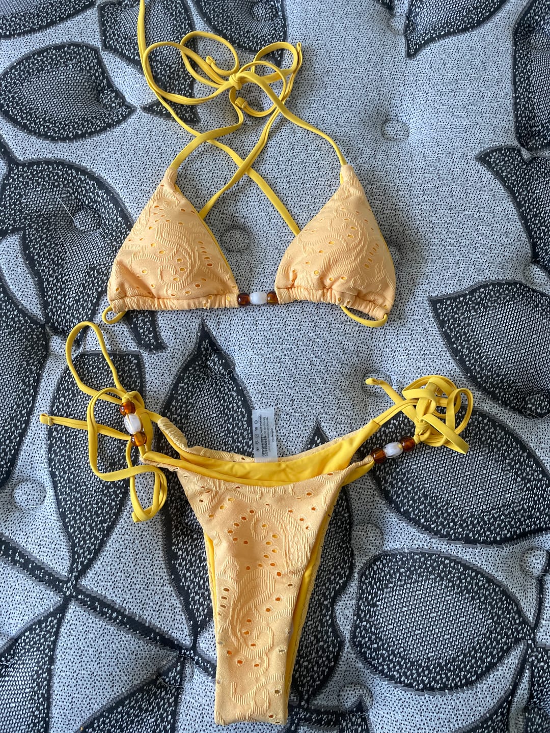 Customer photo review of Seamolly Vintage Lace Eyelet Jacquard Beading Design Halter Triangle Tie Side Bikini Set