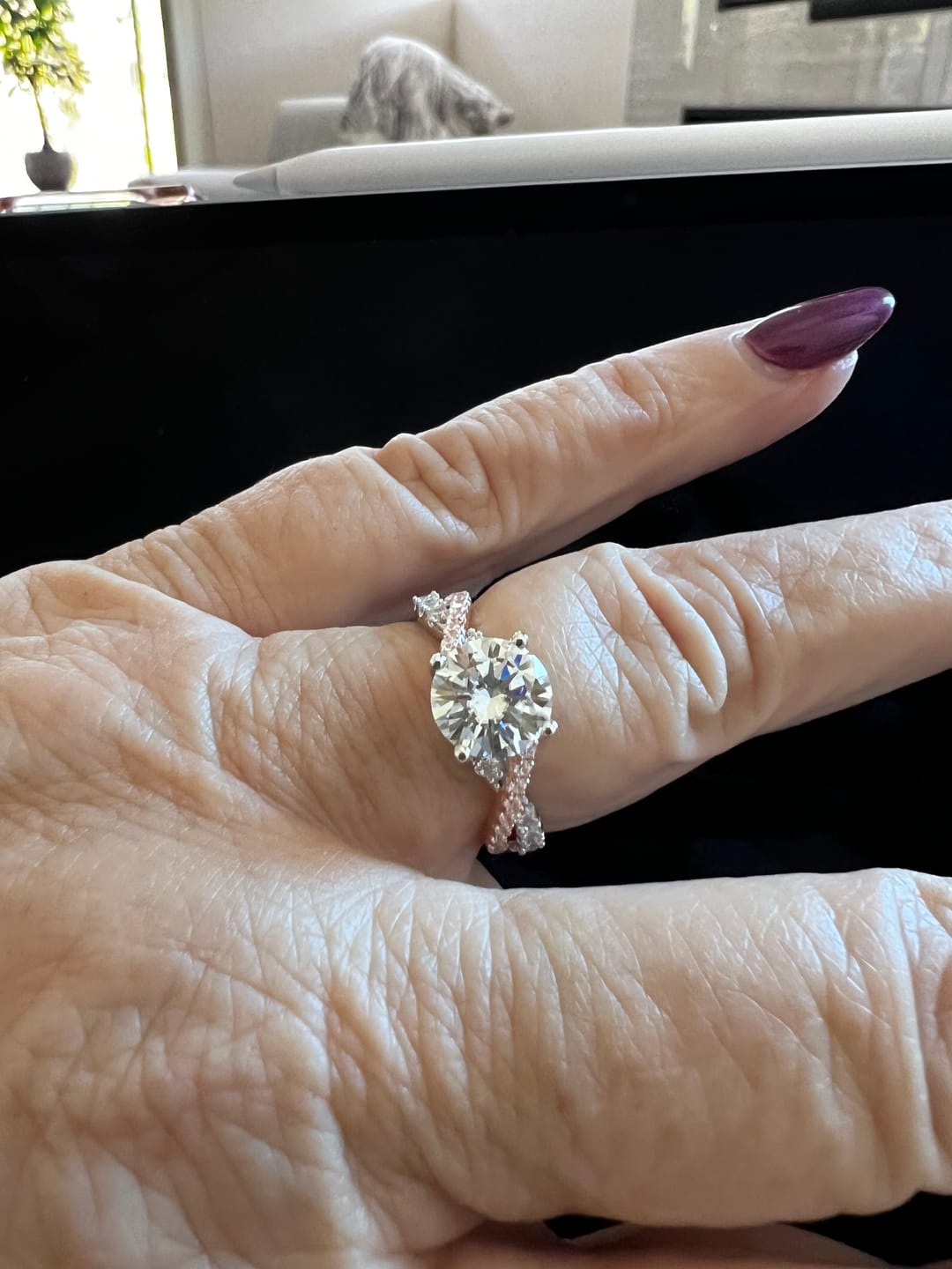 Customer photo review of Rose Gold Two Tone Moissanite Twisted Vine Pave Engagement Ring