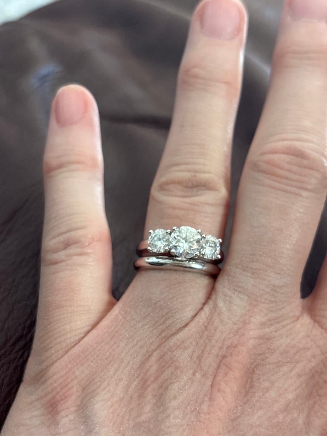 Customer photo review of Classic Three Stone Round Cut Moissanite Engagement Ring