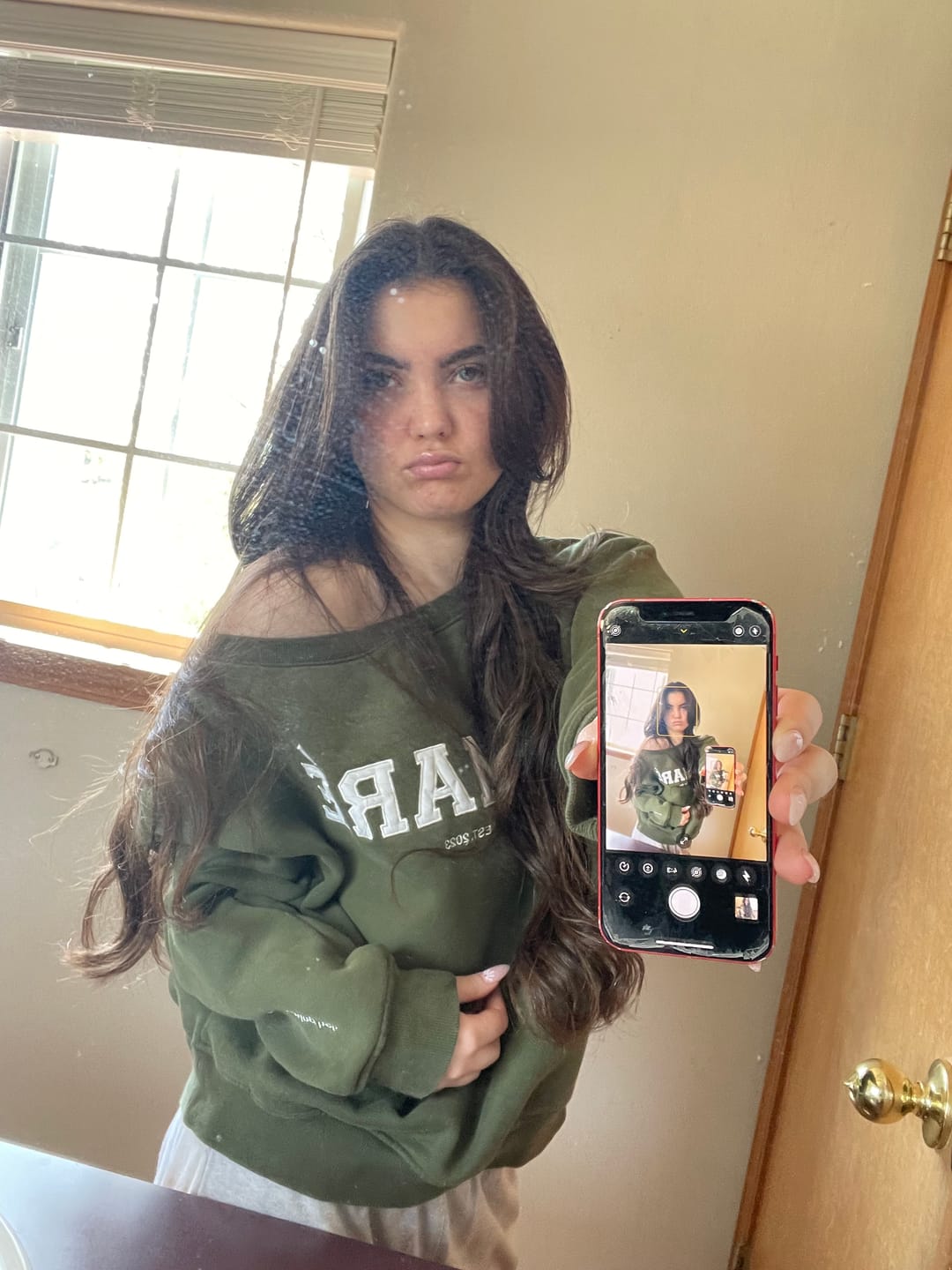 Customer photo review of "Becoming her." off the shoulder crewneck (green)