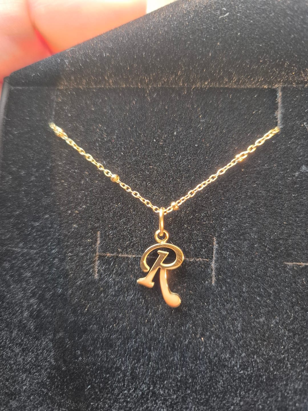 Customer photo review of R Initial Pendant Necklace In Gold