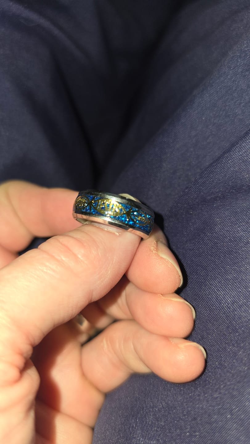 Customer photo review of FREE Today: Rustic Ichthys Jesus Fish Sparkle Ring - Faith and Devotion