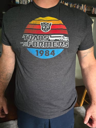Customer photo review of Retro 1984 Stripes Autobots Logo Transformers T-Shirt