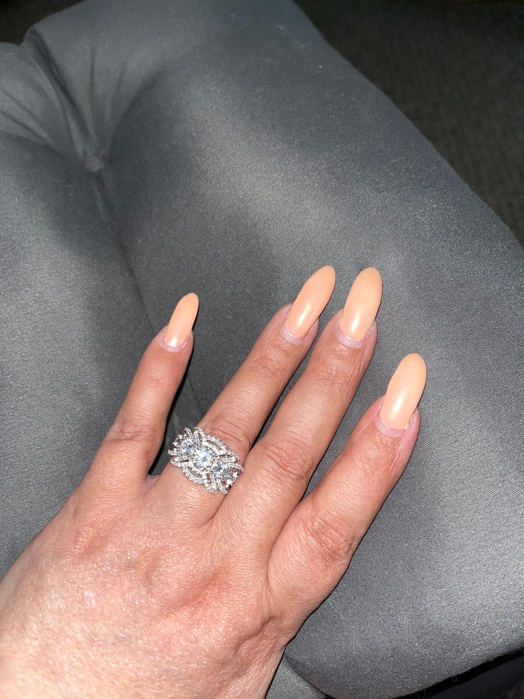Customer photo review of Five Stone Round Moissanite Multi-Row Crossover Pave Engagement Ring