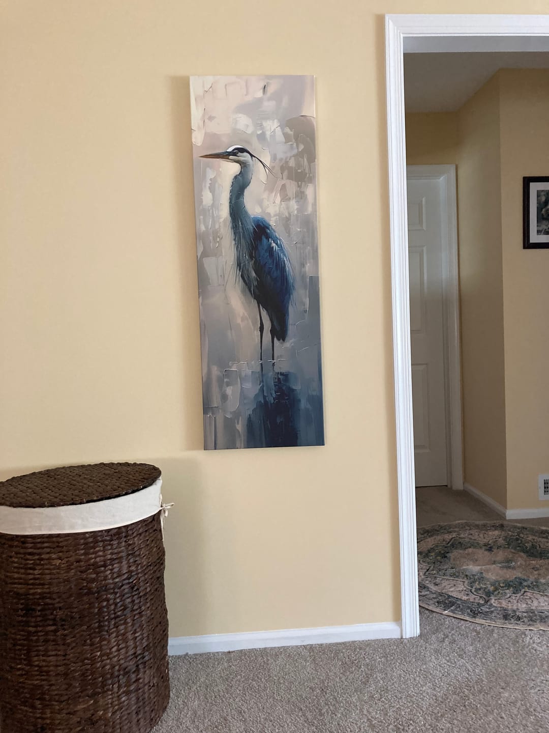 Customer photo review of Tall Narrow Vertical Blue Heron Abstract Framed Canvas Wall Art