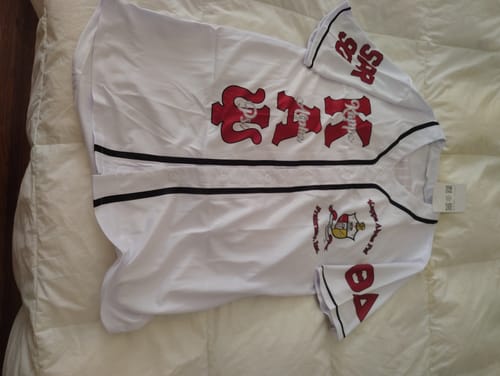 Customer photo review of Personalized Kappa Alpha Psi Baseball Jerseys White Color KAP Rabbit Style