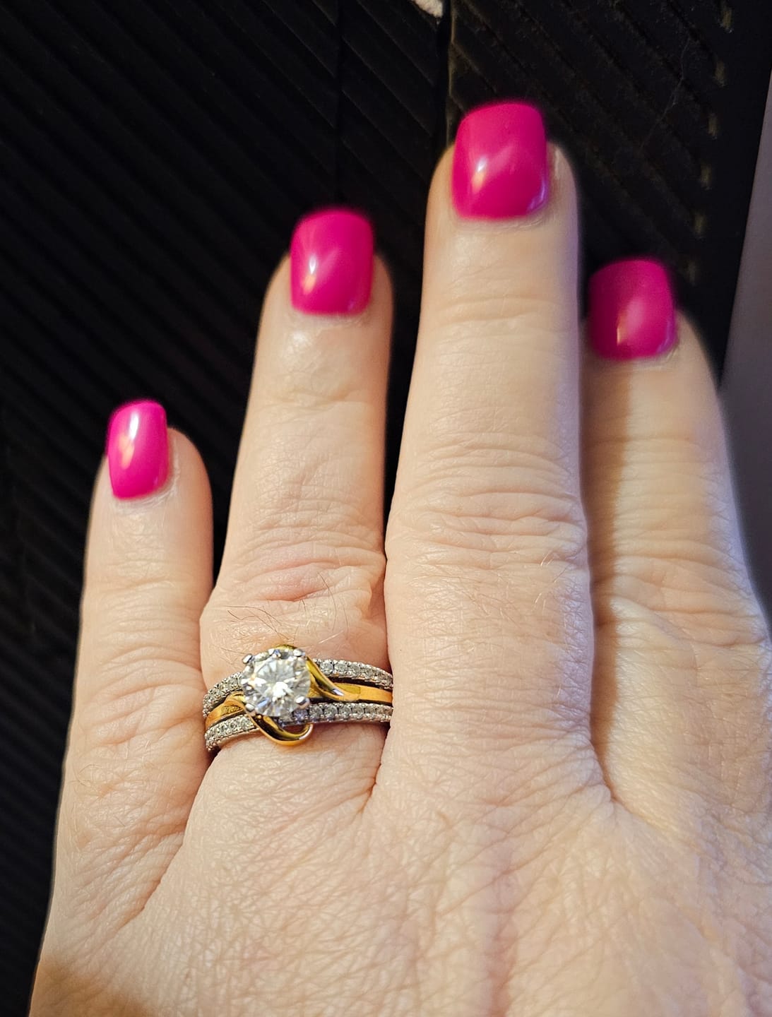 Customer photo review of Round Moissanite Two Tone Vine Split Shank Pave Engagement Ring