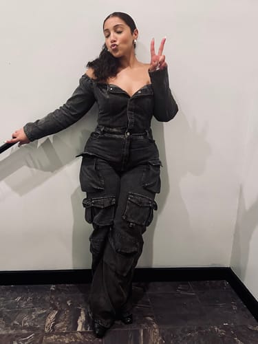 Customer photo review of Ultimate Denim Off Shoulder Jumpsuit