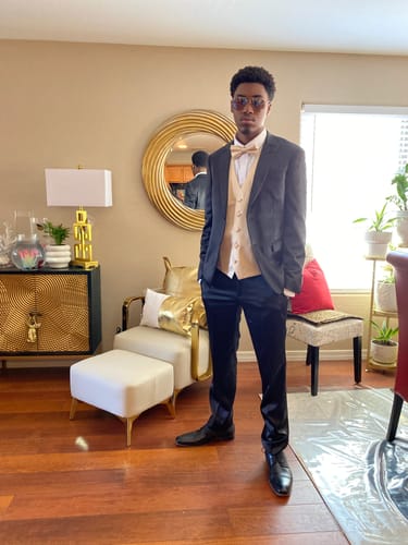 Customer photo review of Barry Wang 5pcs Mens Waistcoat Set Champagne Solid Vest Necktie Bowtie Set