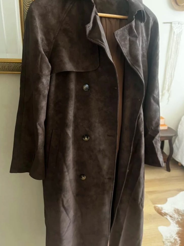 Customer photo review of Molly faux suede Trenchcoat