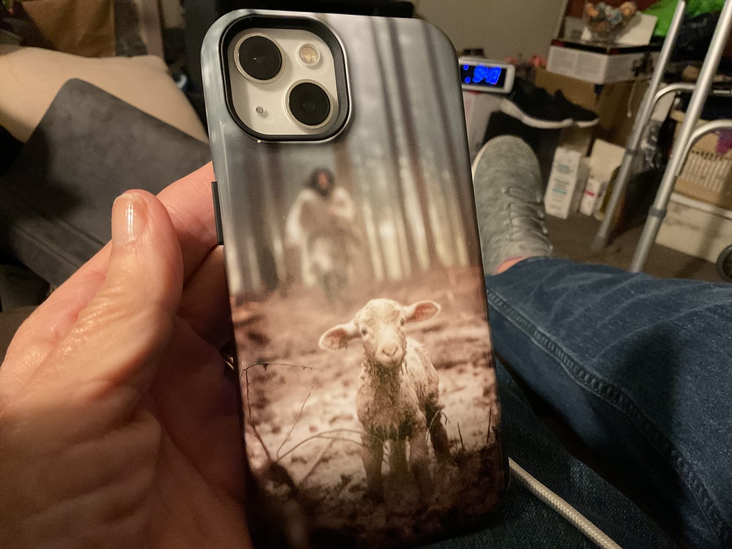 Customer photo review of Jesus With The Sheep, Jesus Running After Lamb, Phone Case