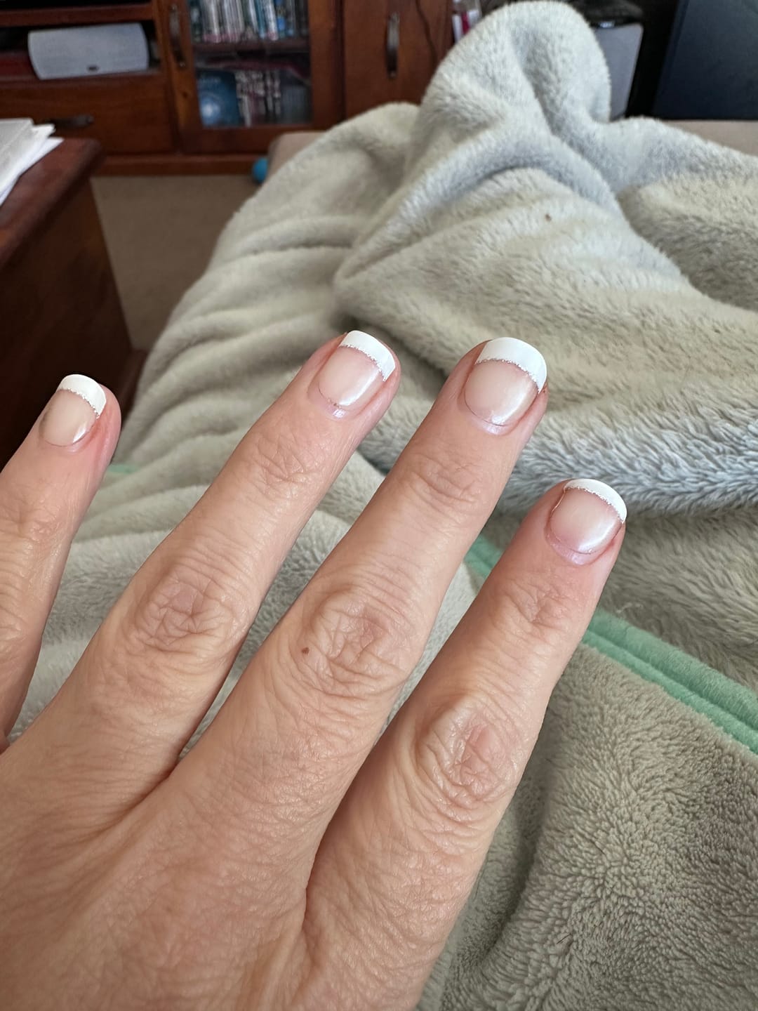 Customer photo review of White French Tip Glitter DIY Semicured Gel Nail Sticker Kit