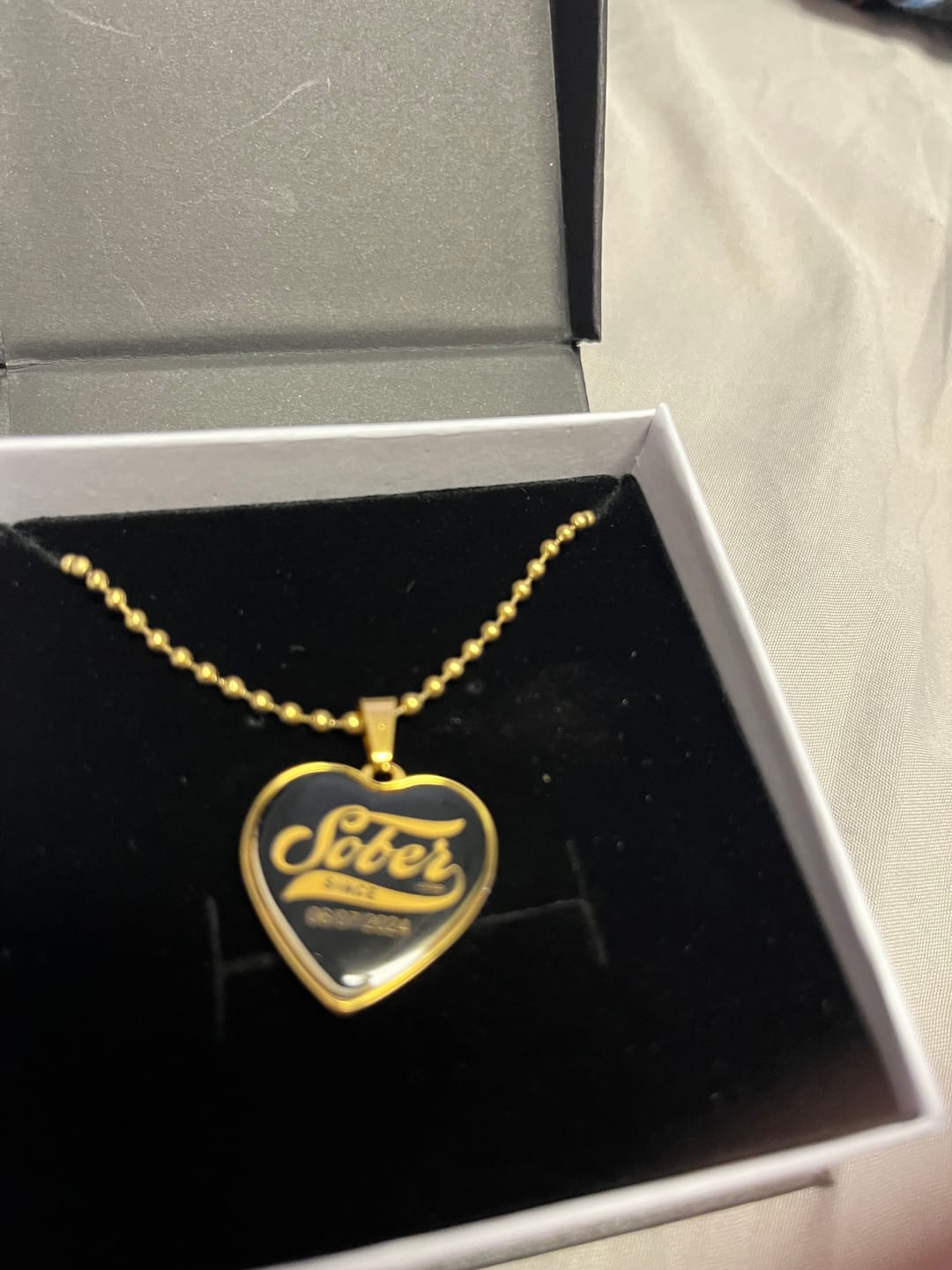 Customer photo review of Sober Since Heart Necklace  w/ Personalized Sobriety Date