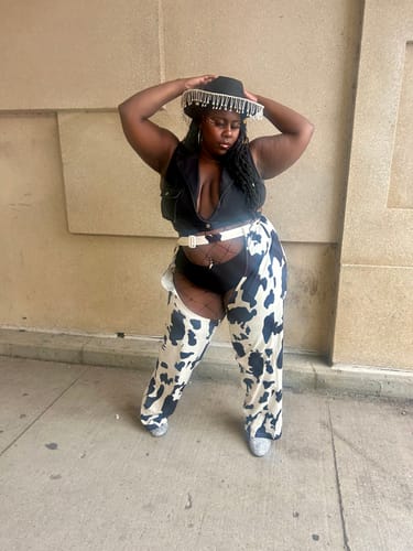 Customer photo review of Mens Cow Printed Cutout Pants SKUJ21127