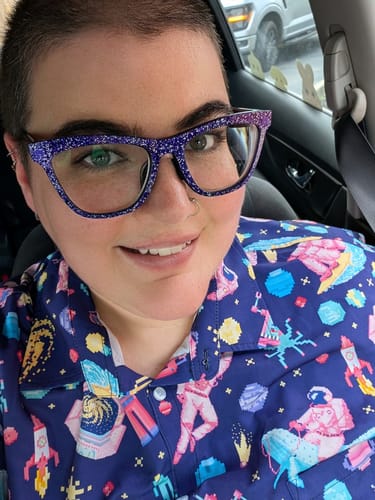 Customer photo review of Astronaut Pixels Outer Space Purple Blue Button Up Shirt