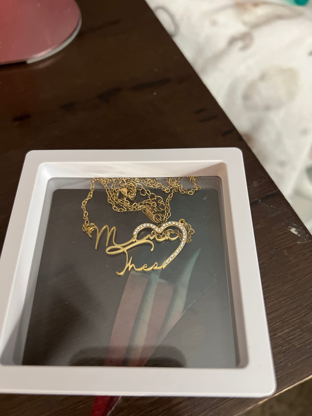 Customer photo review of Iced Heart Double Script Name Necklace