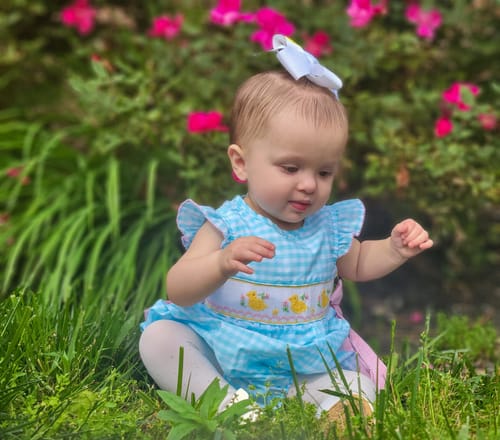 Customer photo review of Spring Duckling Smocked Turquoise Beverly Bubble