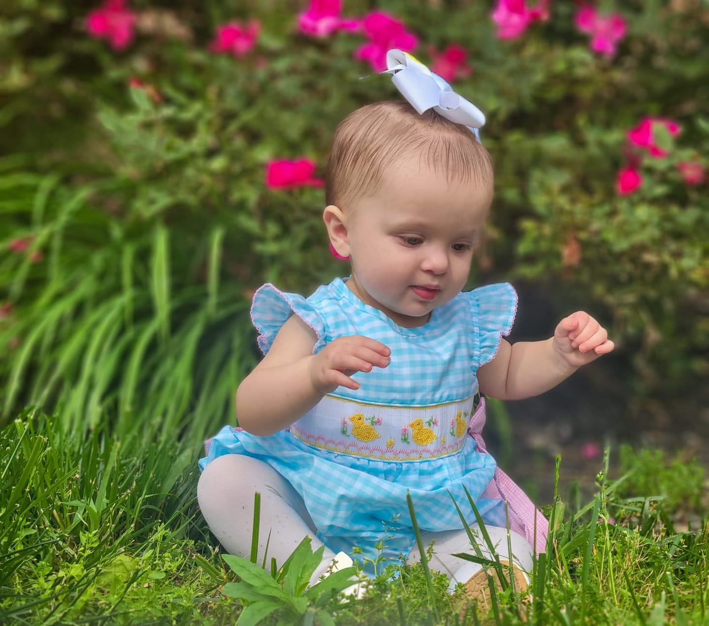 Customer photo review of Spring Duckling Smocked Turquoise Beverly Bubble