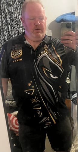 Customer photo review of Maxcorners Darts Black Panther Dartboard Golden Pattern MutilColor Option Customized Name, Team Name 3D Polo Shirt