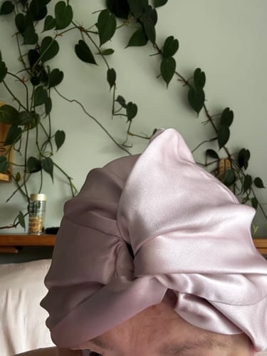Customer photo review of Silk Sleep Cap for Women Hair Care Natural Silk Double Layer Bonnet Turban - Pink -One Size Fits Most