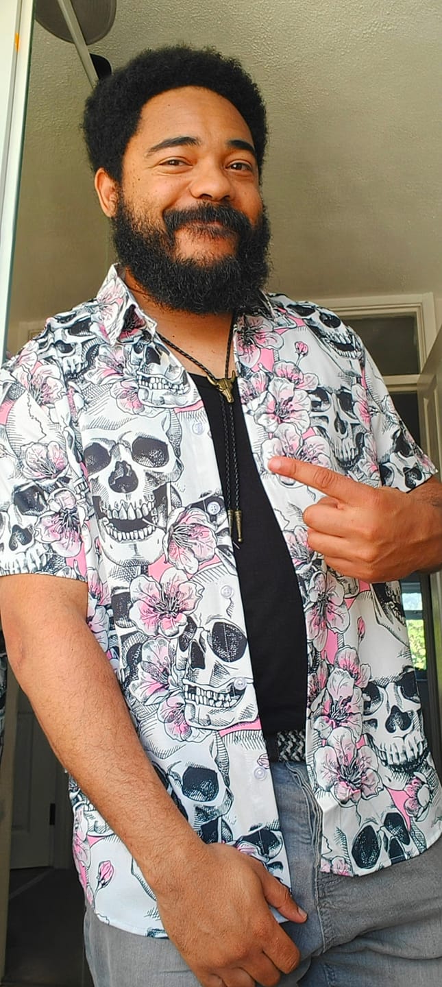 Customer photo review of Men's Skull Pink Flowers Button Up Short Sleeve Shirts