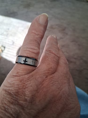 Customer photo review of FREE Today: Lord's Prayer Cross Stainless Steel Wedding Band Bible Verse Engraved Ring