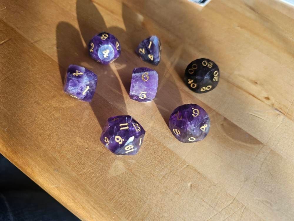 Customer photo review of Dwarf Cut Purple Amethyst Gemstone Premium DND Dice Set