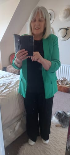 Customer photo review of Merrill Green Gathered Sleeve Blazer