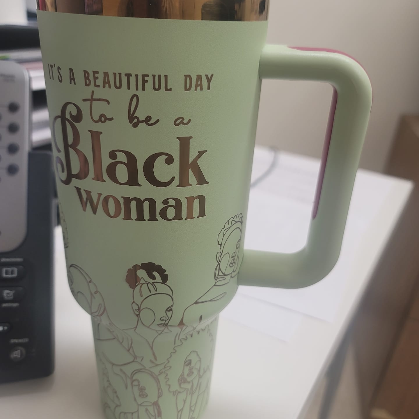 Customer photo review of "Mint Majesty" 4th Anniversary 40oz Insulated Tumbler – “It’s a Beautiful Day to Be a Black Woman”