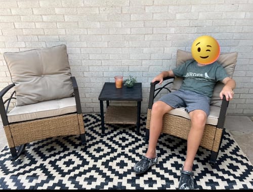 Customer photo review of HOMREST 3-Piece Bistro Set: Outdoor Rattan Rocking Chairs with Cushions and Coffee Table