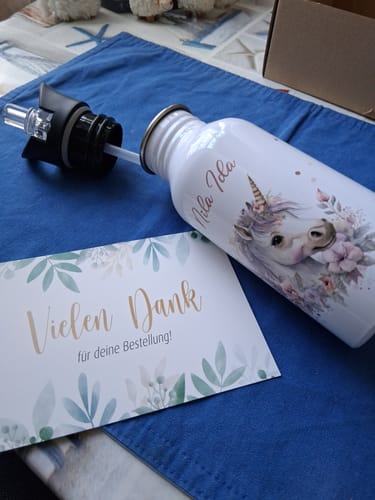 Customer photo review of Trinkflasche Kinder Edelstahl - Einhorn mit Blüten