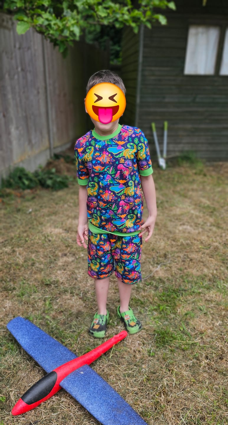 Customer photo review of Multicoloured Dinosaurs on Navy French Terry Fabric