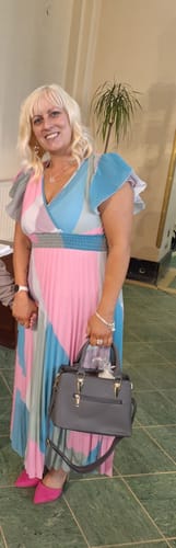 Customer photo review of Margery Pink Pleated Wrap Dress
