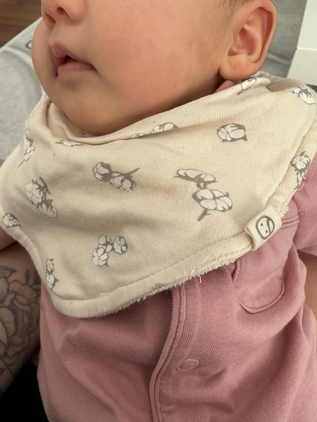 Customer photo review of Organik Pamuk 3'lü Sıvı Geçirmez Pamuk Desenli Bandana Önlük Seti