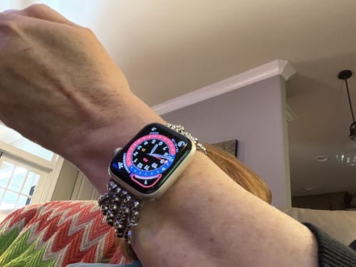Customer photo review of Platinum Demure Stretch Apple Watch Strap