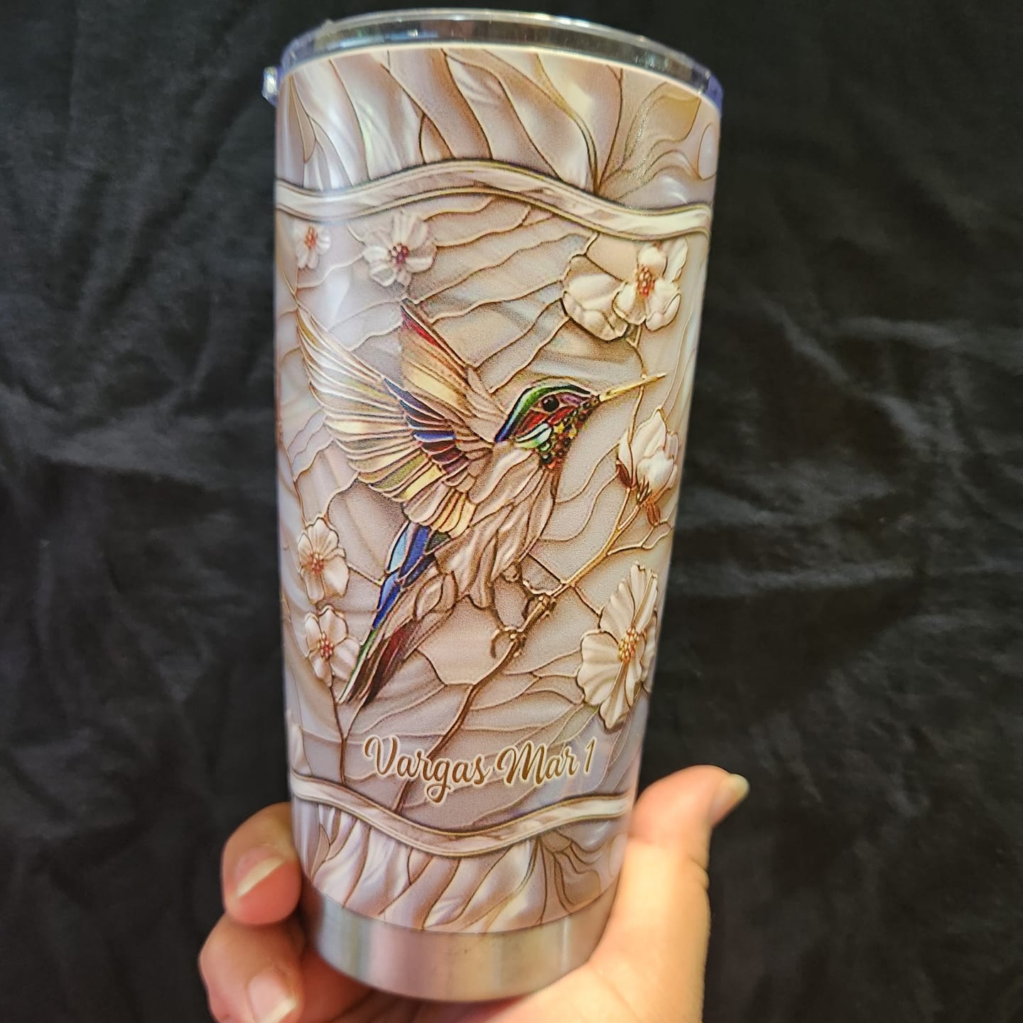 Customer photo review of Stained Glass Hummingbird Personalized Tumbler