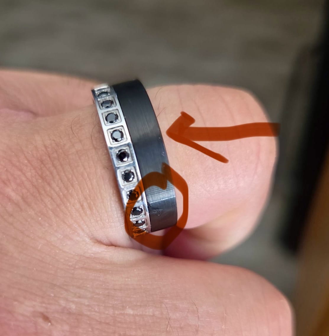 Customer photo review of 8mm - Black Brushed Tungsten Carbide Wedding Ring Silver W/ Black CZ Diamonds