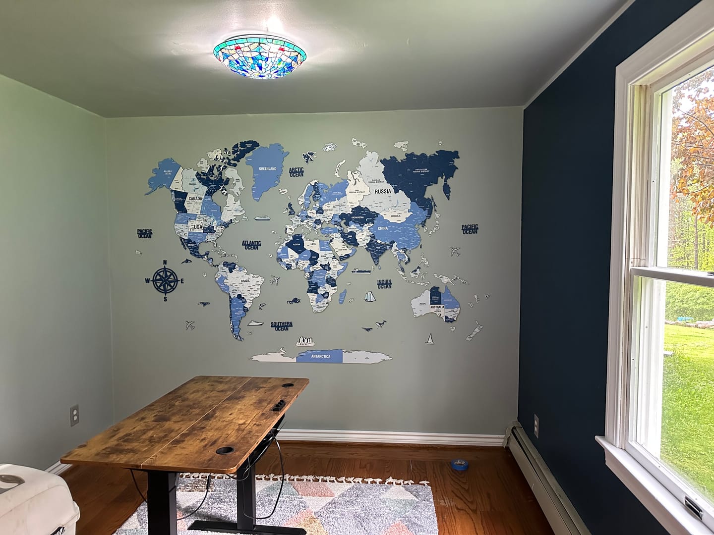 Customer photo review of Wooden World Map with Pins - 3D & Vibrant Colors (Navy)