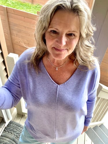 Customer photo review of Comfy As Can Be Sweater (Heather Blue Lavender)