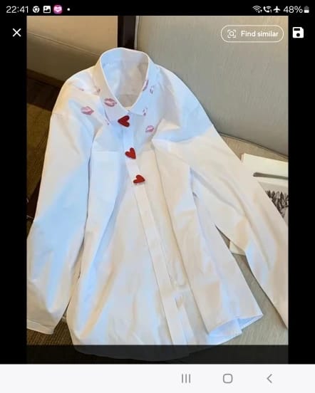Customer photo review of Linen-Cotton Blouse French Style Turn-Down Collar Lip Print Hearts — White | KIMLUD