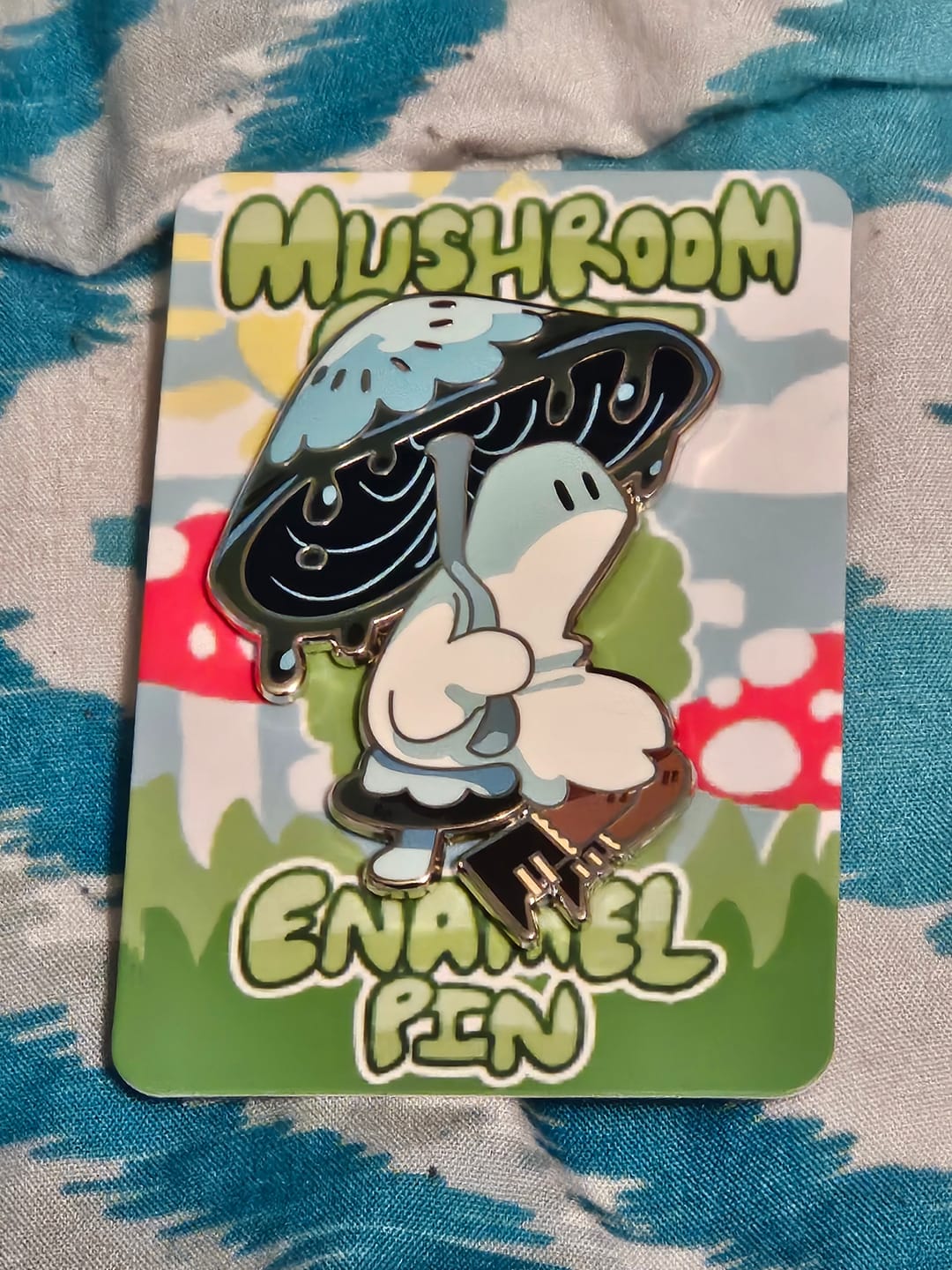 Customer photo review of Blue Mushroom Ghost Enamel Pin 2in