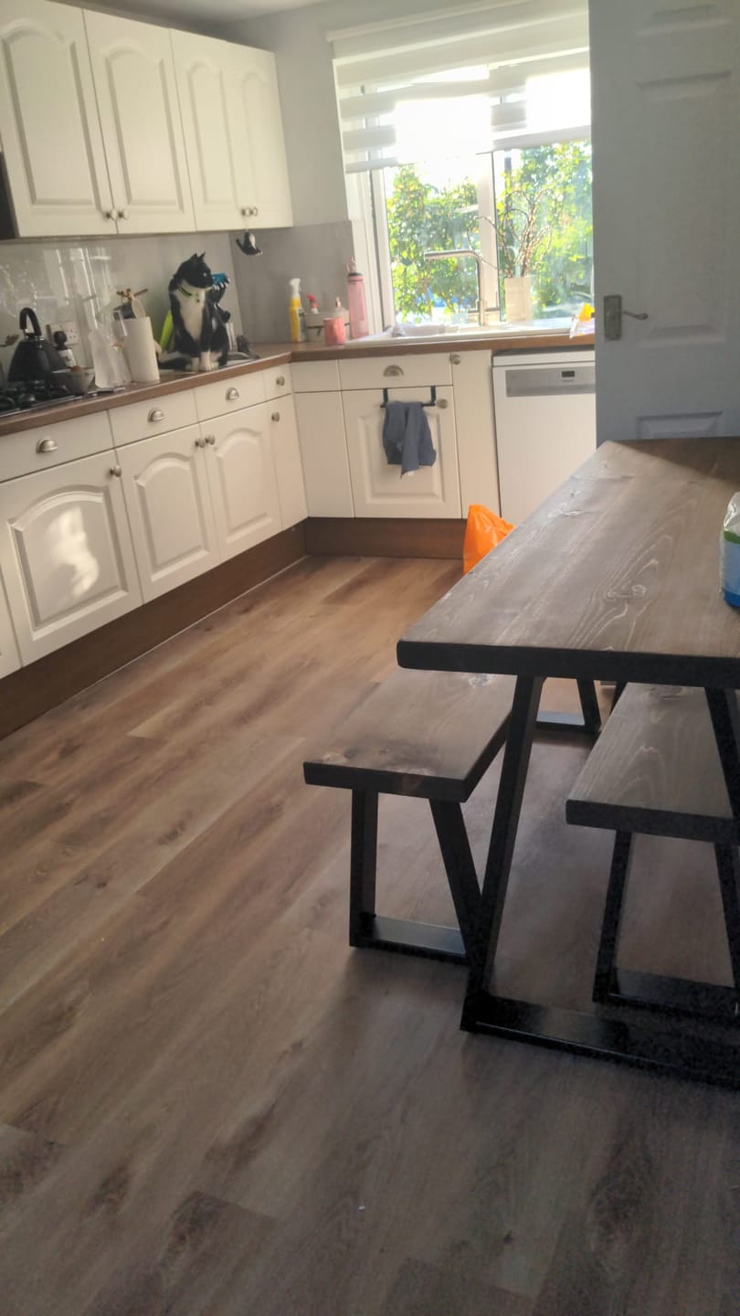Customer photo review of Industrial Dining Table with Trapezium Leg - Smoked Oak