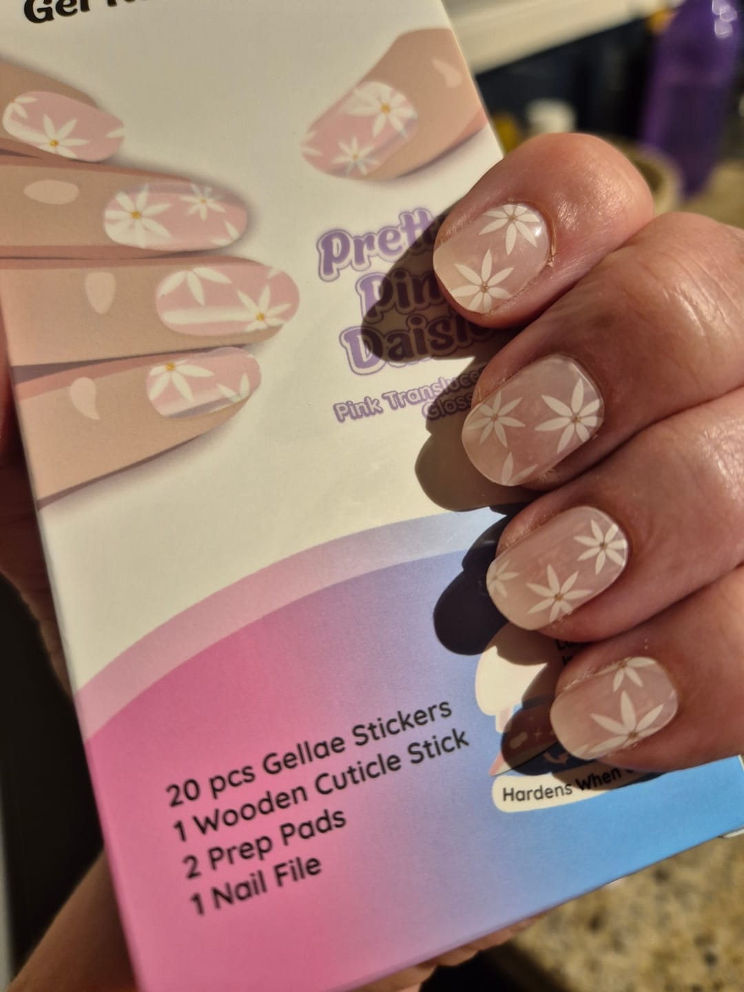Customer photo review of Pretty Pink Daisies DIY Semicured Gel Nail Sticker Kit