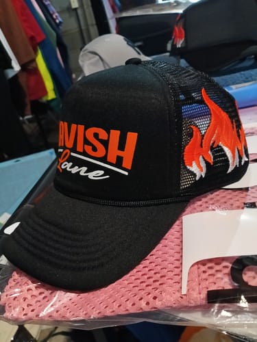 Customer photo review of Embroidery Flame Trucker Hat
