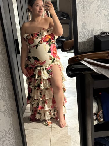 Customer photo review of Eivissa Floral Off Shoulder Ruffle Tier Maxi Dress - Ivory