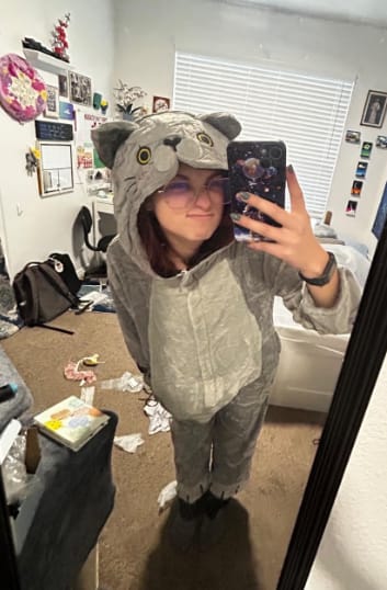 Customer photo review of OLAOLA Unisex Adult Plush Cat Animals Onesie Pajamas Warm Home One-Piece Sleepwear
