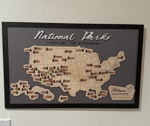 Customer photo review of US Wooden National Parks Travel Map With Trees To Record Park Visits (Light Grey)